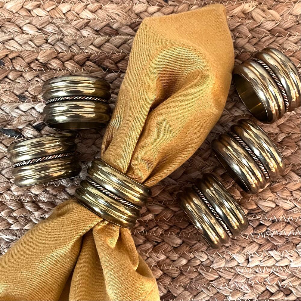 VTG Brass Napkin Rings Set of 6 Ribbed Rope Detail Classic Mid Century Modern